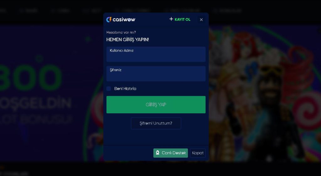 casiwow giriş ve kayıt ekranı